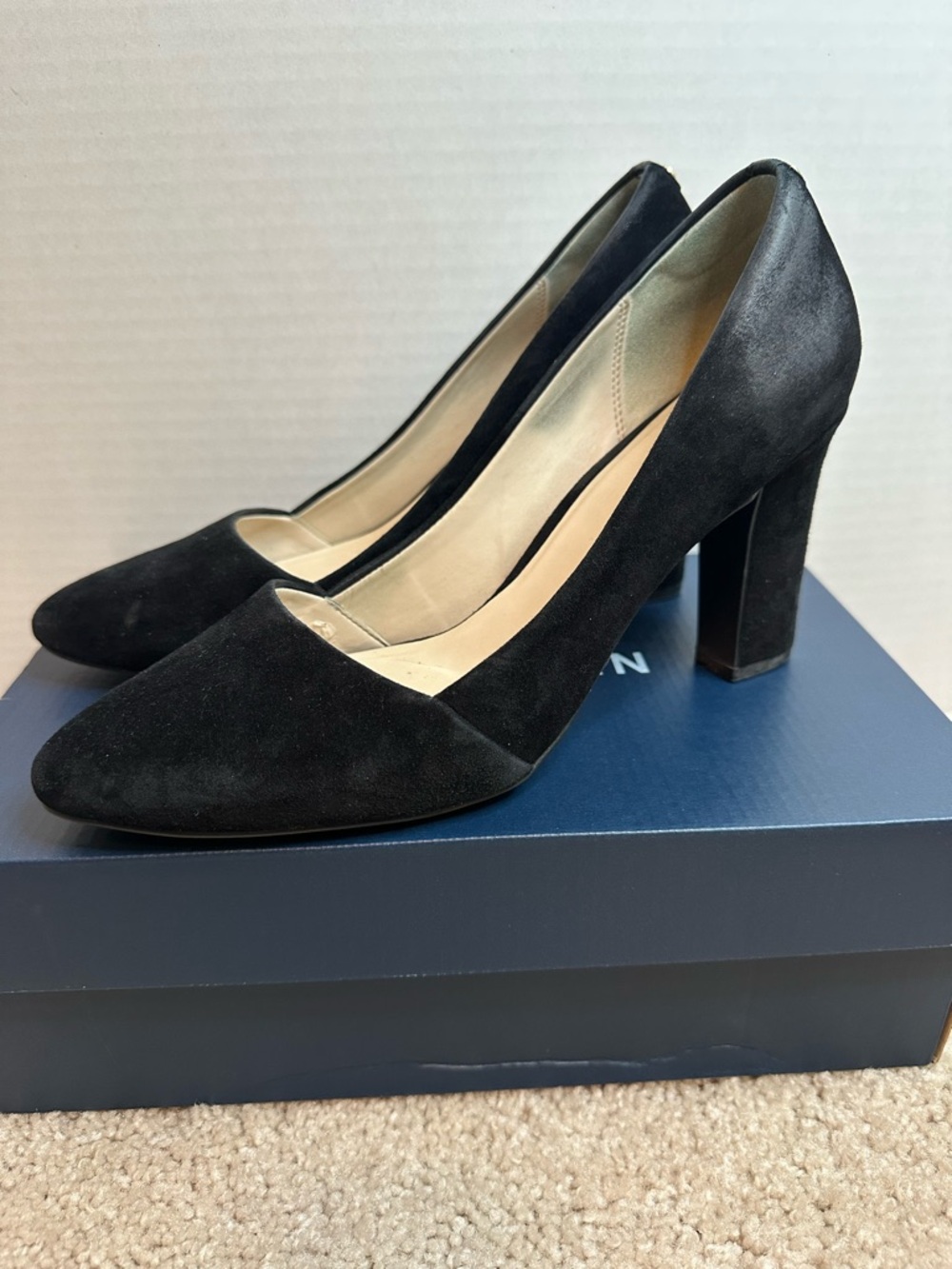 Cole Haan Black Suede Block Heel Pumps, size 8B, pre loved